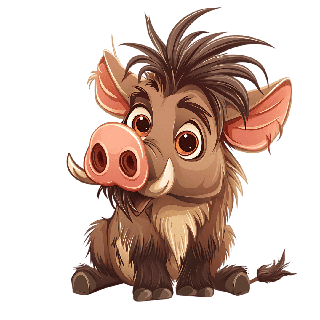 Warthog character illustration shows a seated cartoon animal with brown textured fur and curved white tusks.