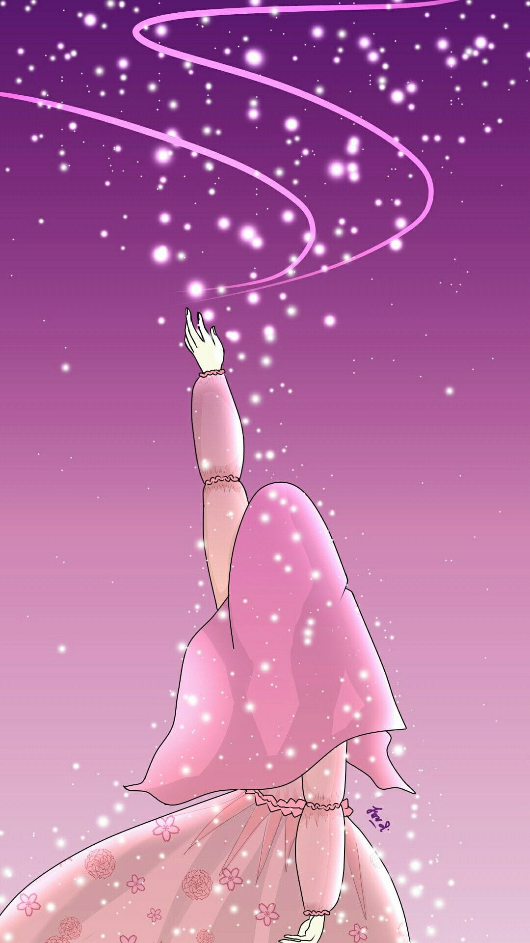 Hijabi girl reaching toward a purple night sky filled with glowing stars and swirling pink light trails.