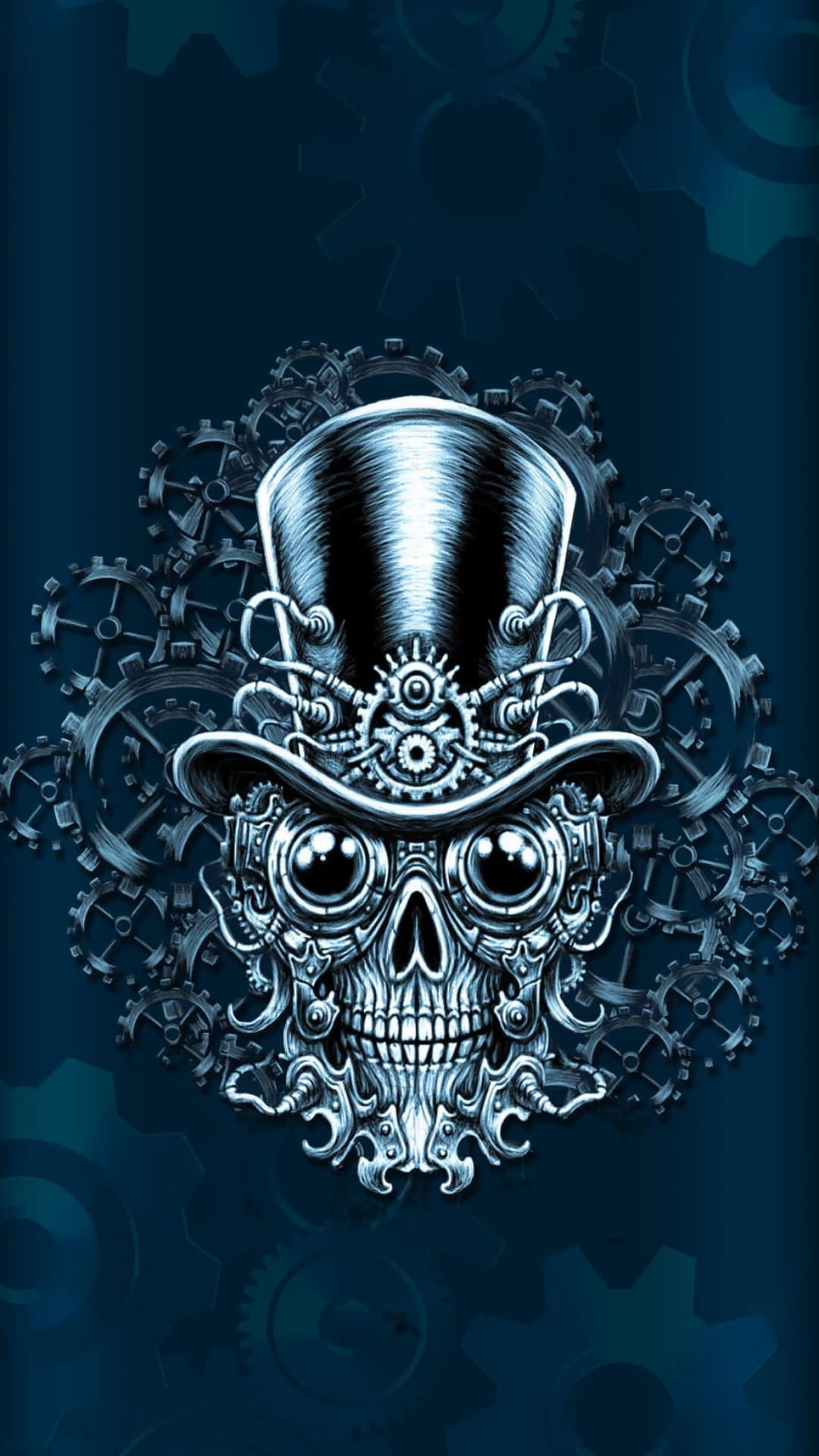 Steampunk skull with a top hat and brass goggles surrounded by mechanical gears on a dark blue background.