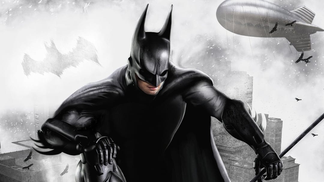 Batman in black armor crouches on a rooftop against a foggy Gotham city sky with a blimp and flying birds.