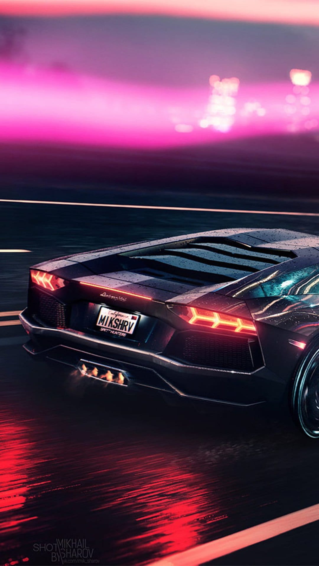 Lamborghini Aventador cruises on a rain-slicked road under a neon pink sky with glowing red taillights visible.