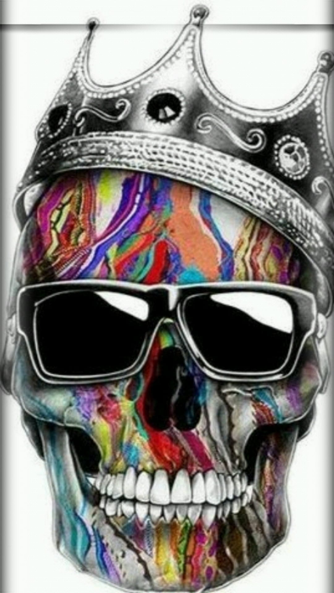 Human skull wearing black sunglasses and a silver crown features multi-colored paint splatters on its surface.