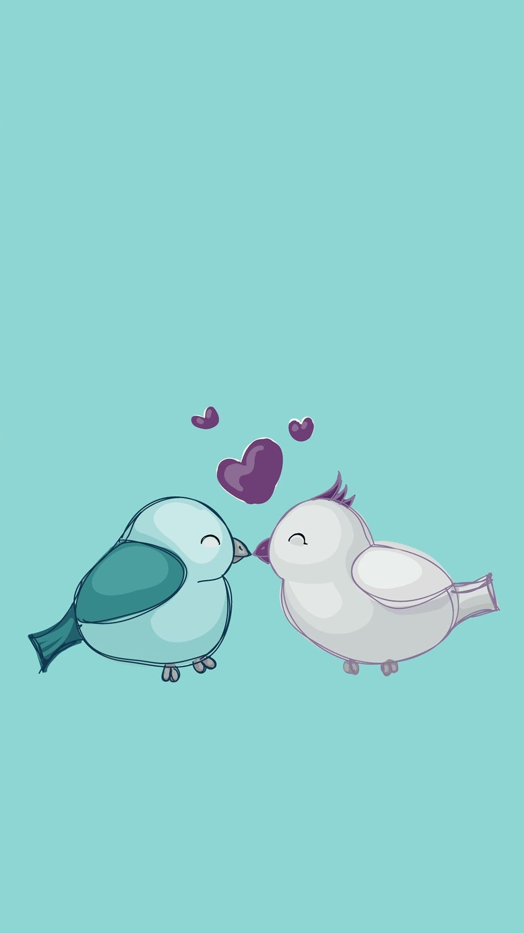 Two round blue birds kissing under a large purple heart and smaller floating hearts on a light blue backdrop.