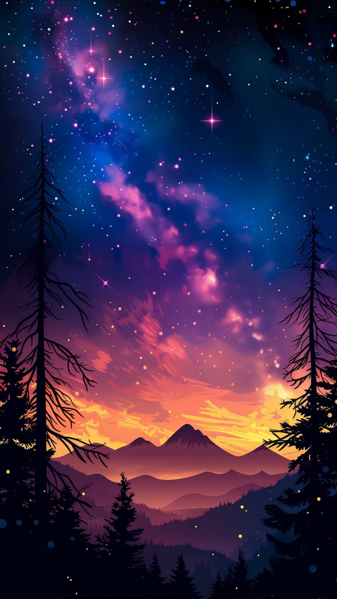 Swirling pink and blue galaxy clouds above silhouetted mountain ridges and evergreen trees at night.