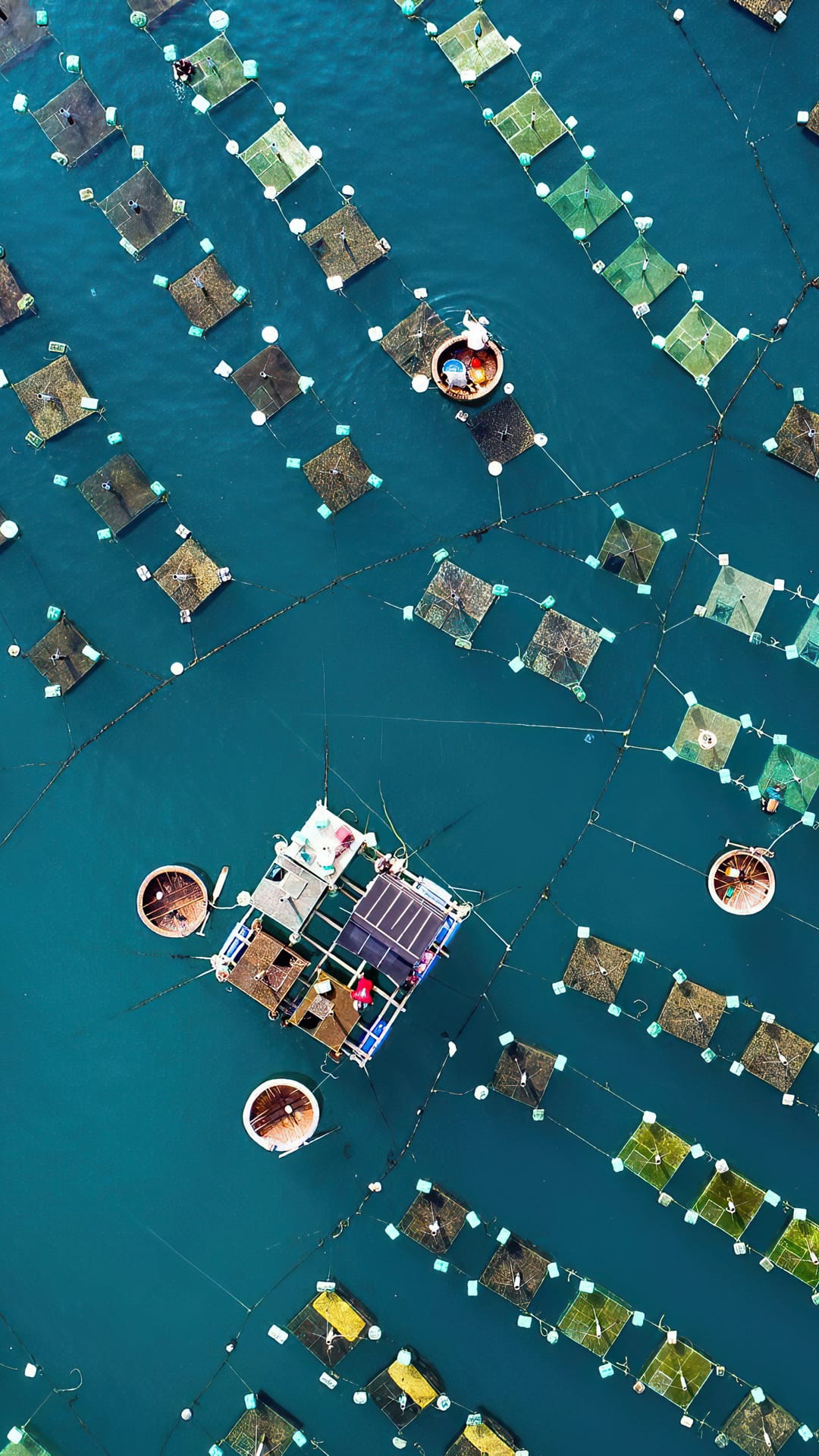 Floating square and circular aquaculture pens in turquoise water with small boats viewed from a top-down aerial drone.