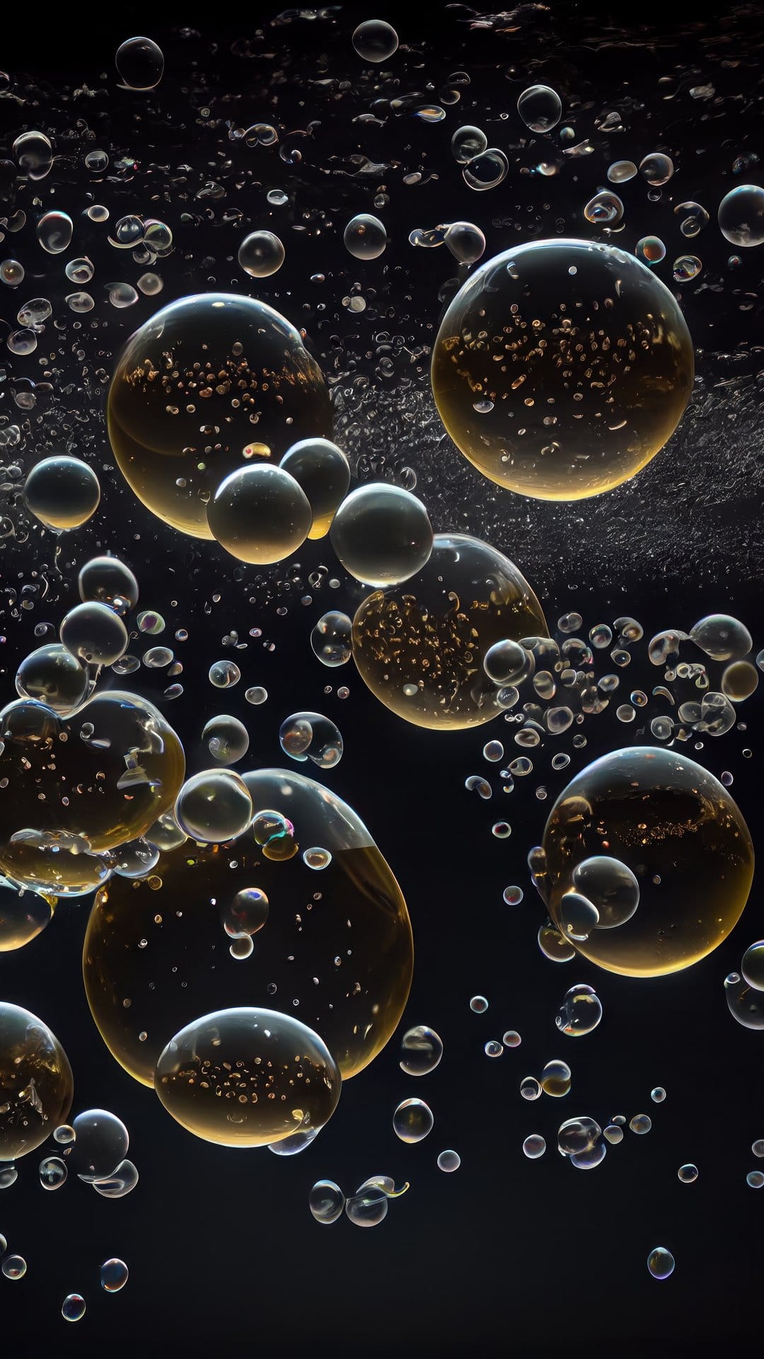 Luminous golden bubbles and translucent droplets float in a dark, thick liquid with internal light reflections.