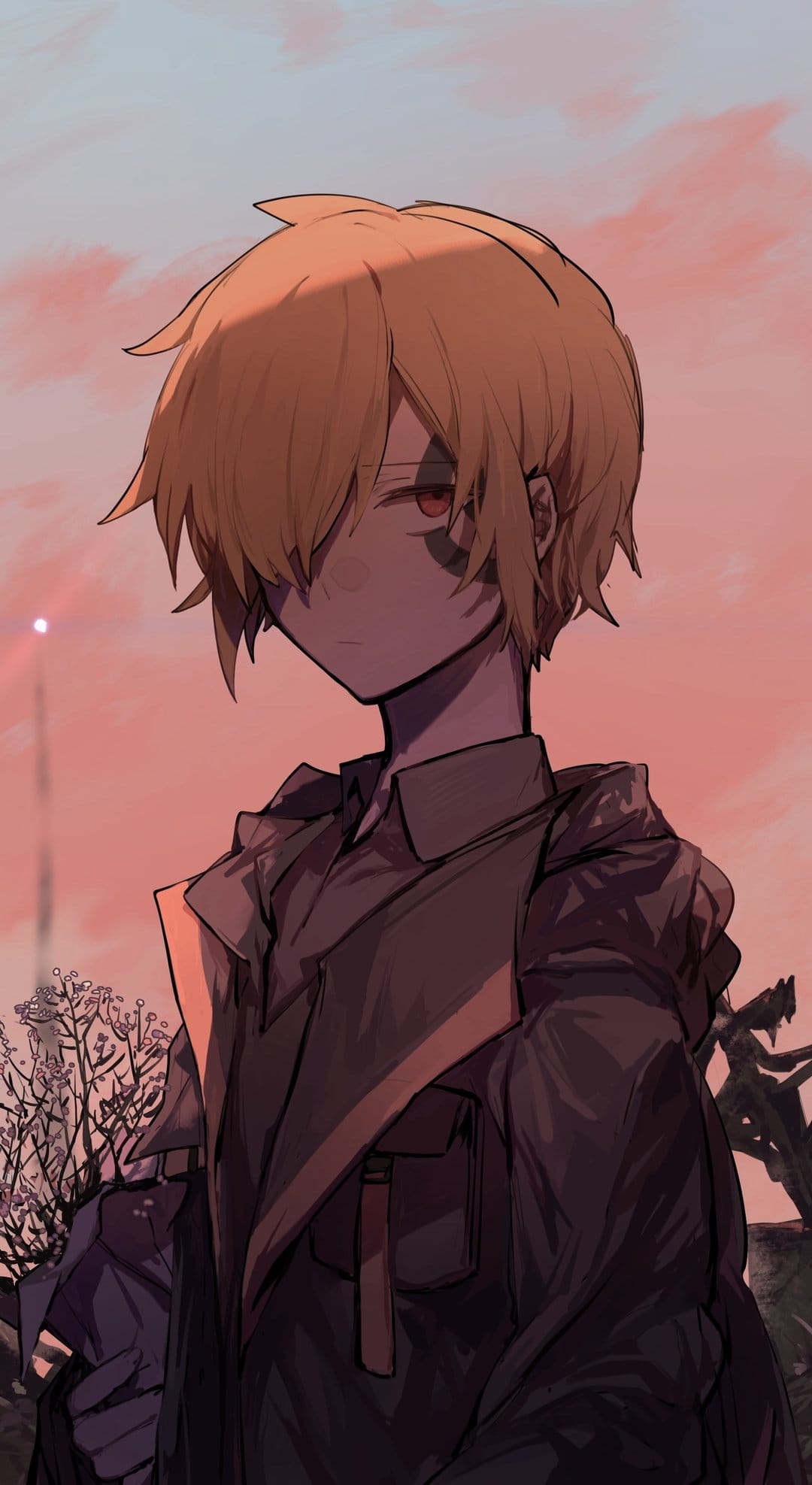 Blond boy with red eyes wearing a dark trench coat stands before a soft orange sunset with sparse plants.