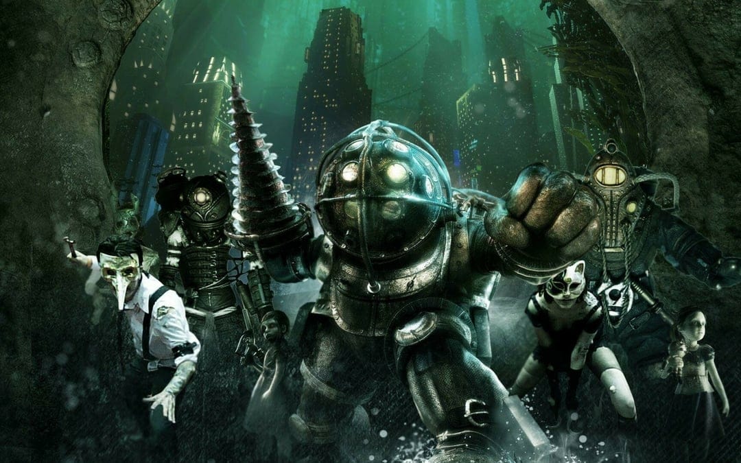 Big Daddy with a drill arm lunges forward in the underwater city of Rapture surrounded by Splicers and Little Sisters.