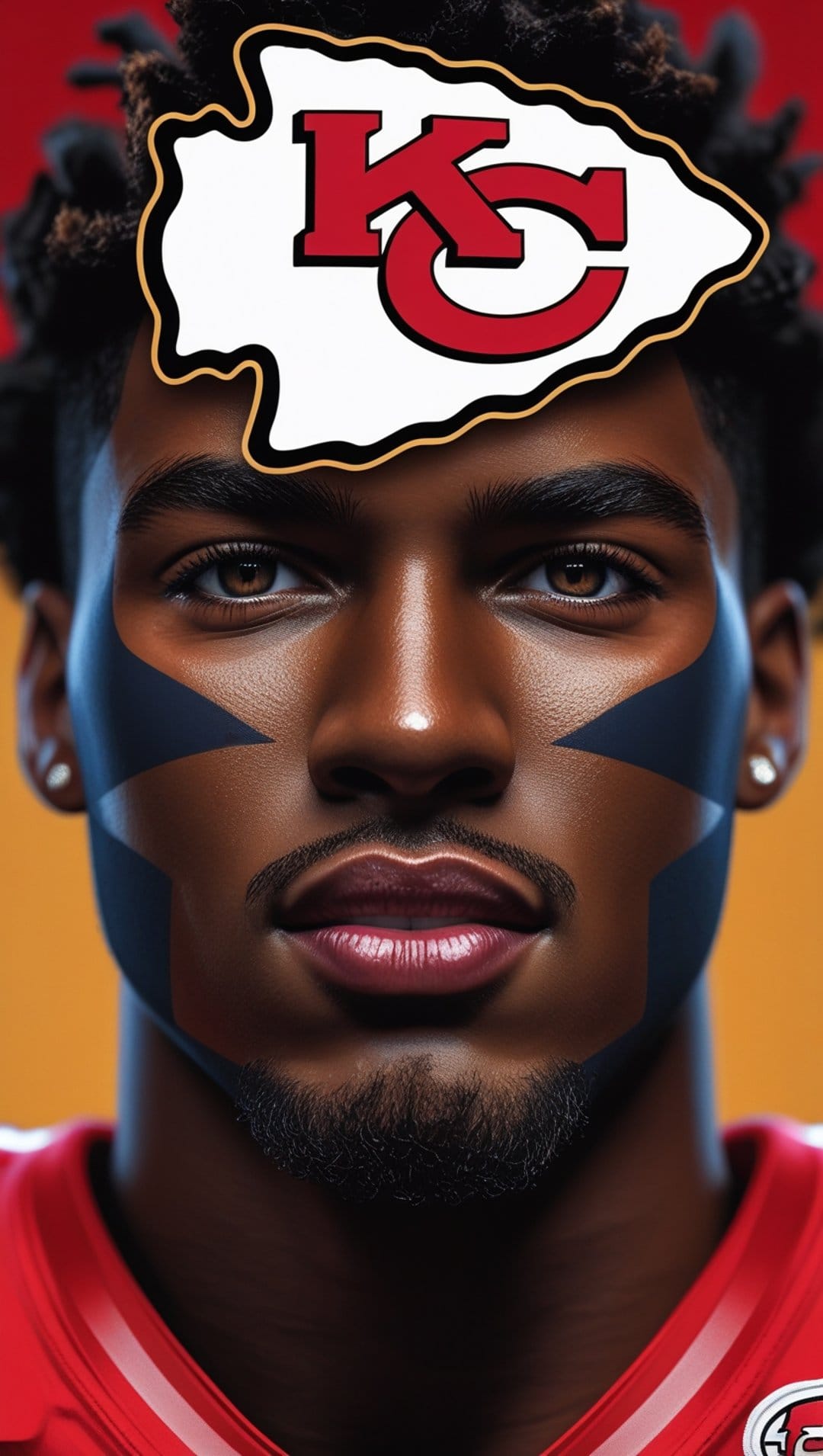 Black man with a red Kansas City Chiefs logo painted on his forehead wearing a red jersey in a tight portrait.