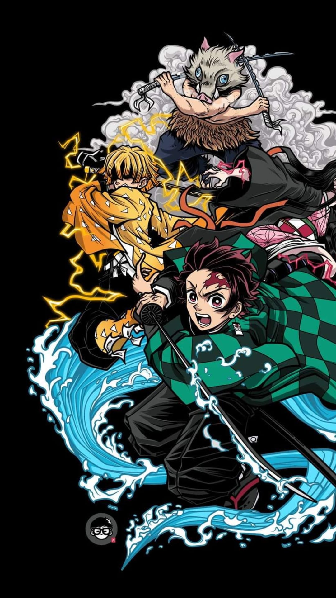 Tanjiro, Nezuko, Zenitsu, and Inosuke perform combat techniques with water and lightning on a black background.