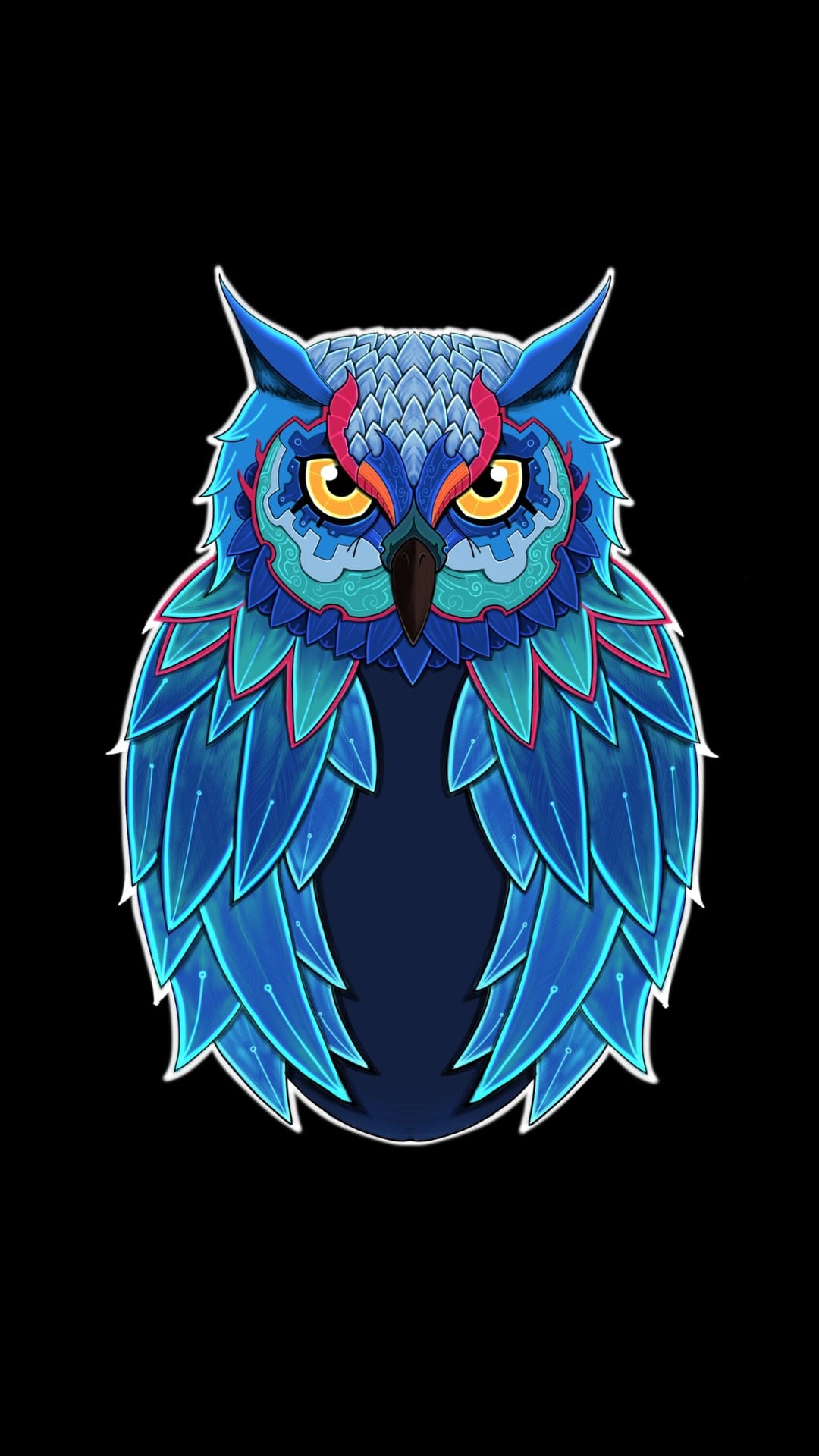 Patterned blue owl with glowing golden eyes and red feather accents centered on a stark black background.