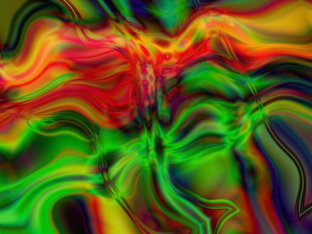 Swirling ribbons of crimson, neon green, and bright yellow blend into fluid, marbled psychedelic patterns.