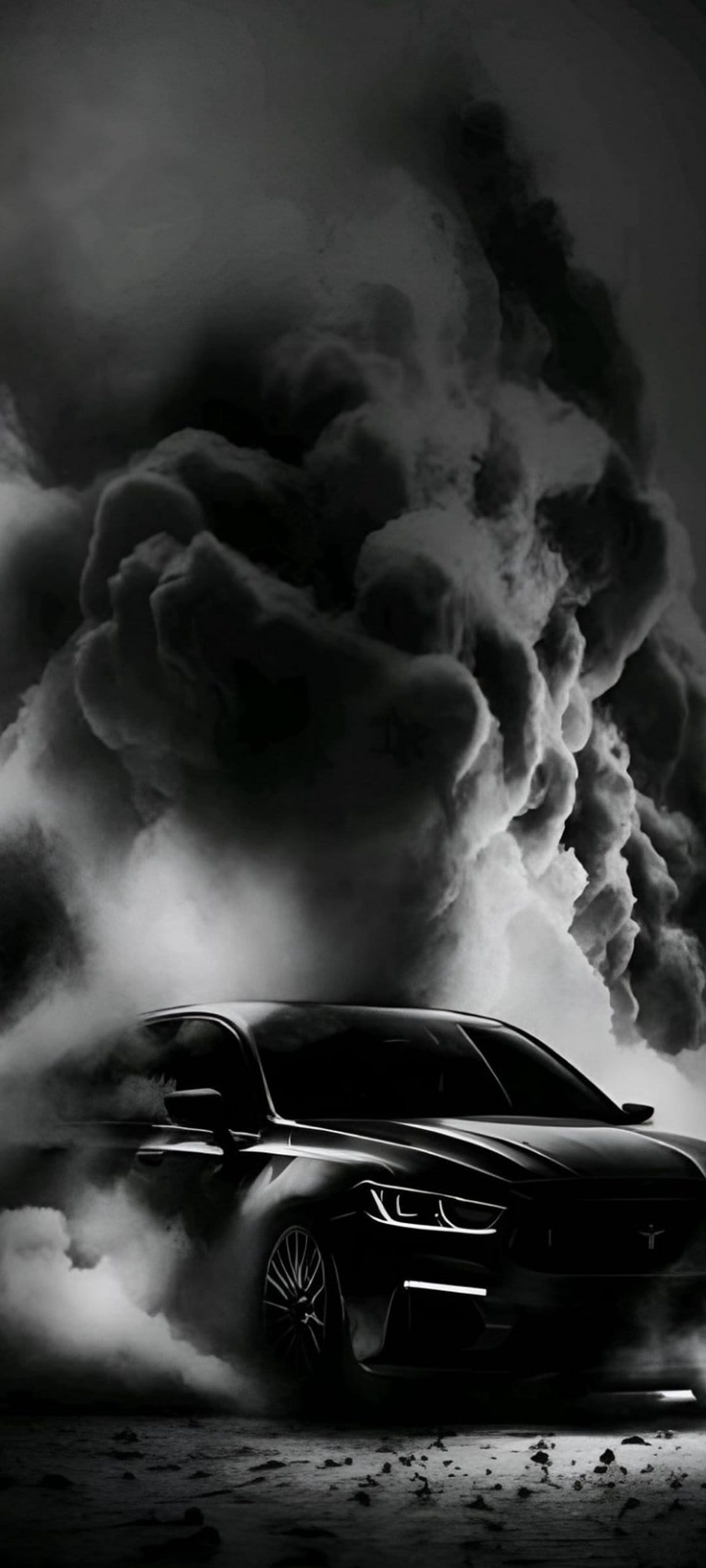 Black performance car drifts through a massive eruption of dark smoke using high-contrast monochrome lighting.