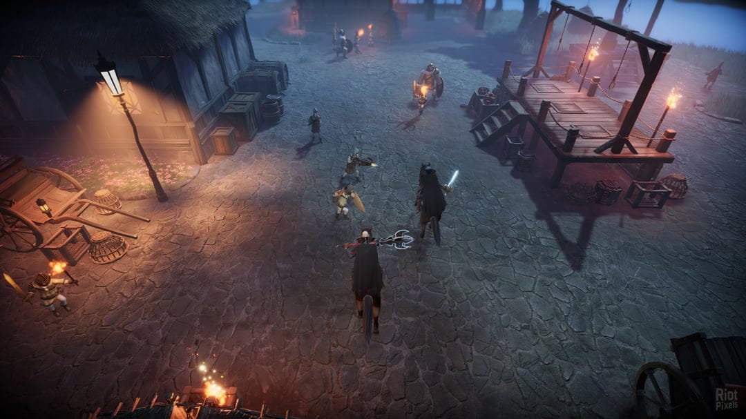 Mounted dark knights confront guards in a dimly lit medieval village square with torches and a gallows.