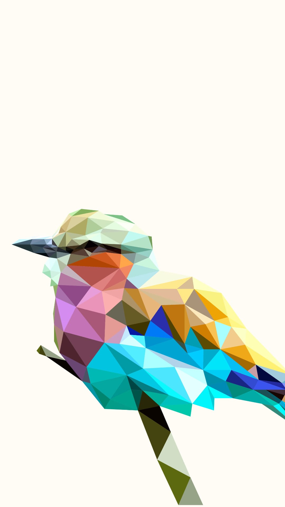 Multi-colored geometric bird perched on a simple branch against a clean ivory-toned minimalist background.