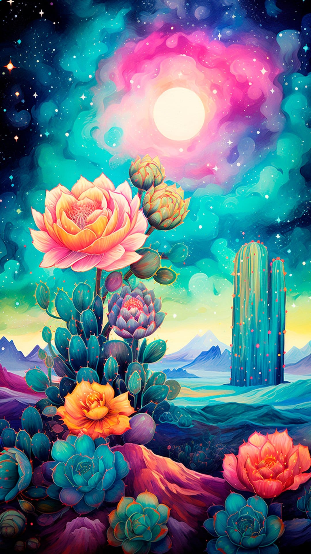 Glowing cacti with neon flowers stand beneath a vibrant nebula and crescent moon in a surreal desert landscape.