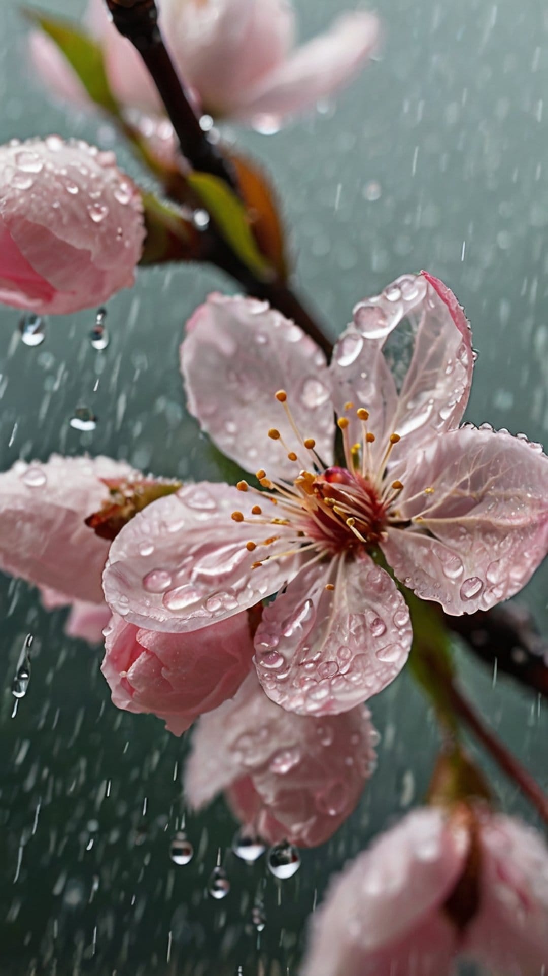 Pink cherry blossoms covered in clear water droplets against a soft green background in a vertical close-up.
