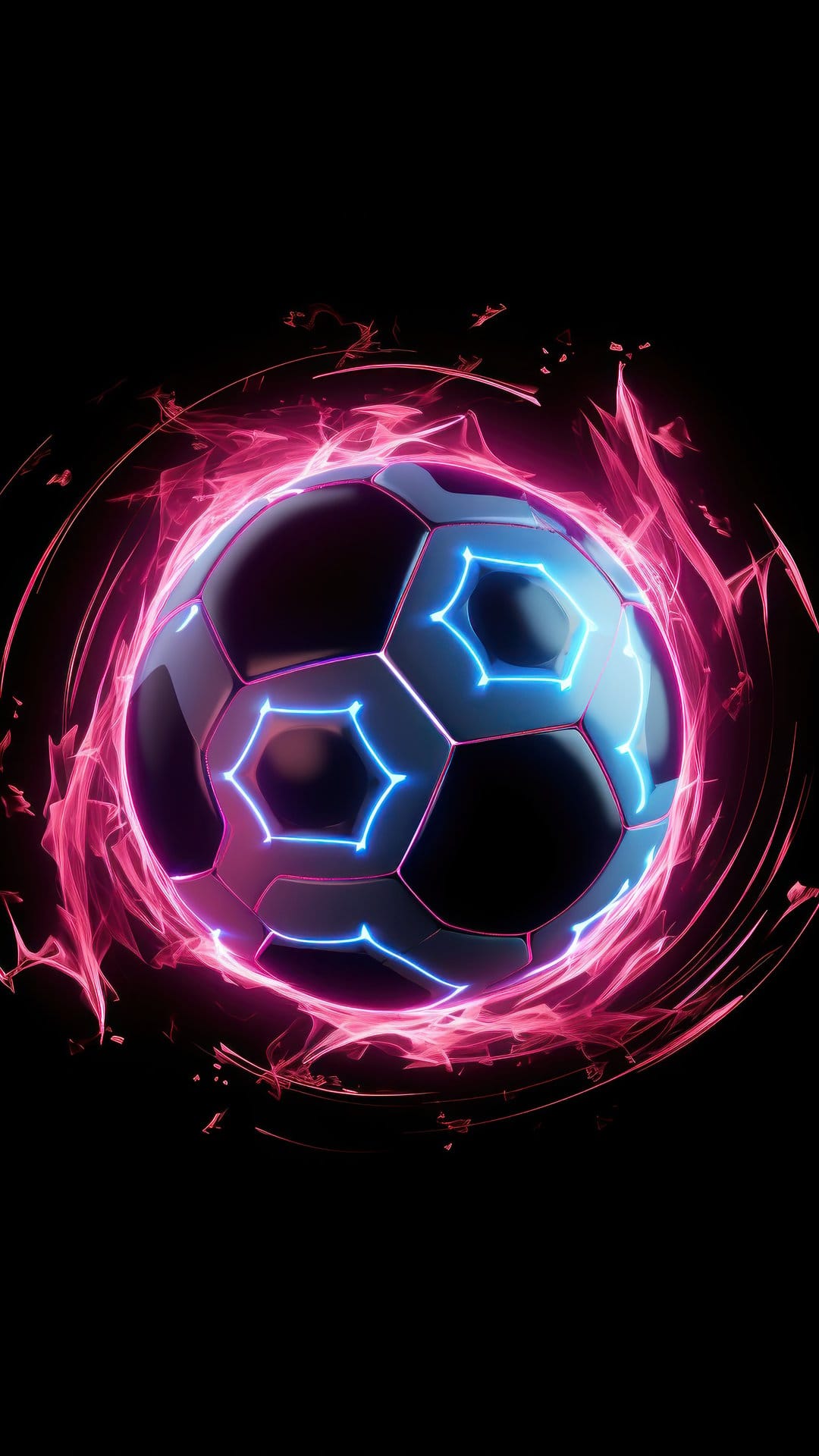 Soccer ball with luminous blue panel outlines and spiraling pink energy streams against a dark backdrop.