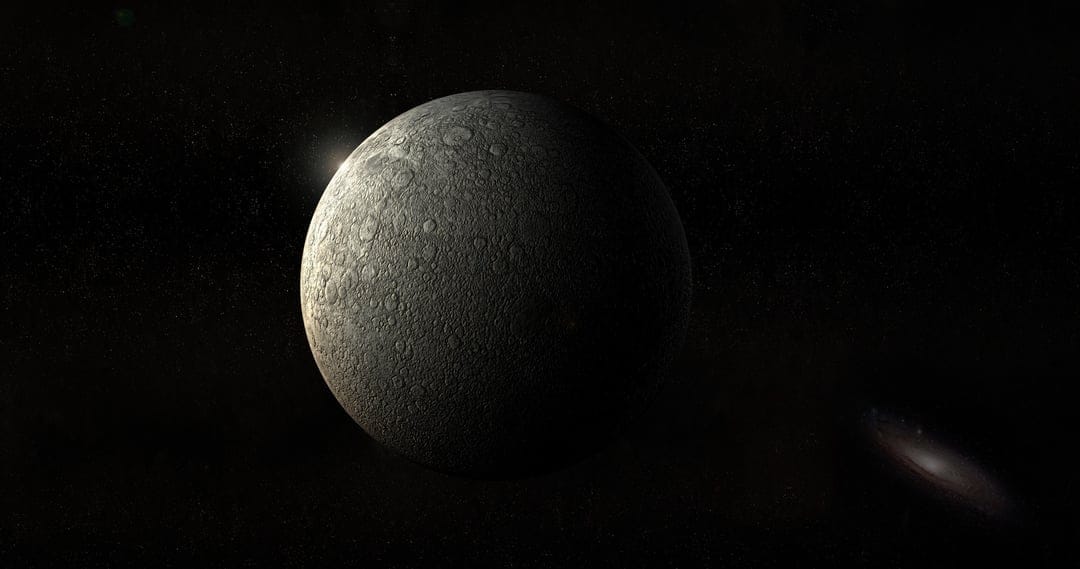 Mercury's cratered surface glows under starlight with a faint spiral galaxy visible against a black space backdrop.