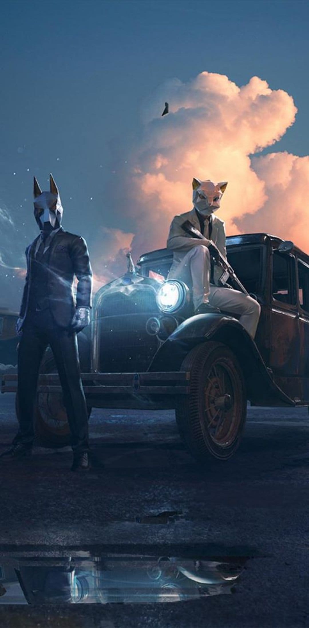 Dog and fox masked men in vintage suits stand by a classic car on a wet road under a dramatic sunset sky.