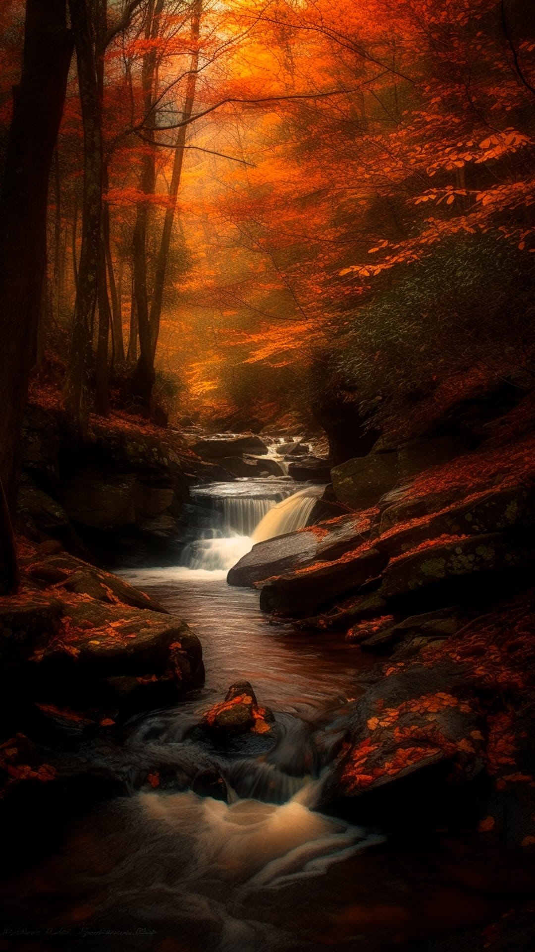 Cascading waterfall surrounded by bright orange autumn leaves and mossy rocks under soft golden sunlight rays.