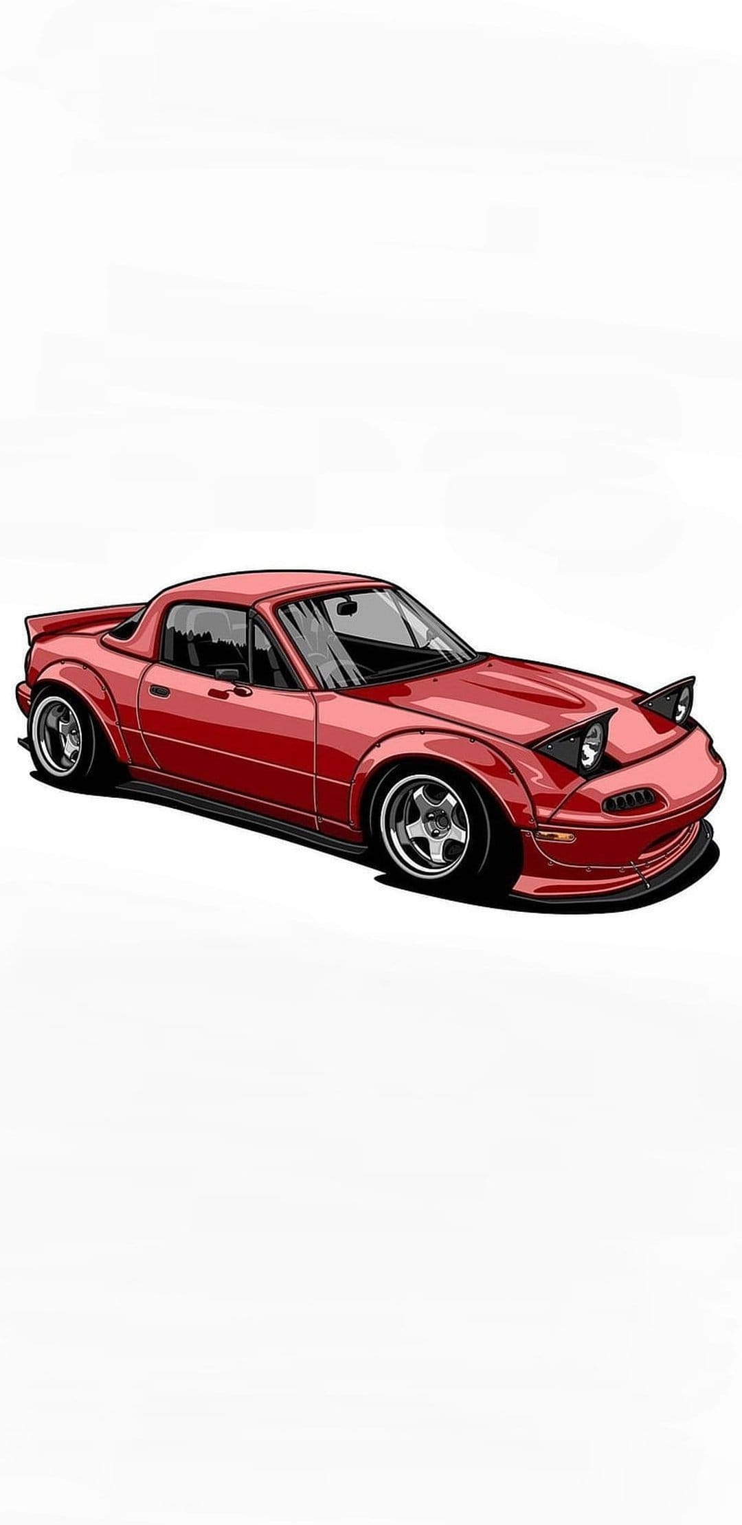 Red Mazda Miata with open pop-up headlights, widebody fenders, and a lowered stance on a clean background.