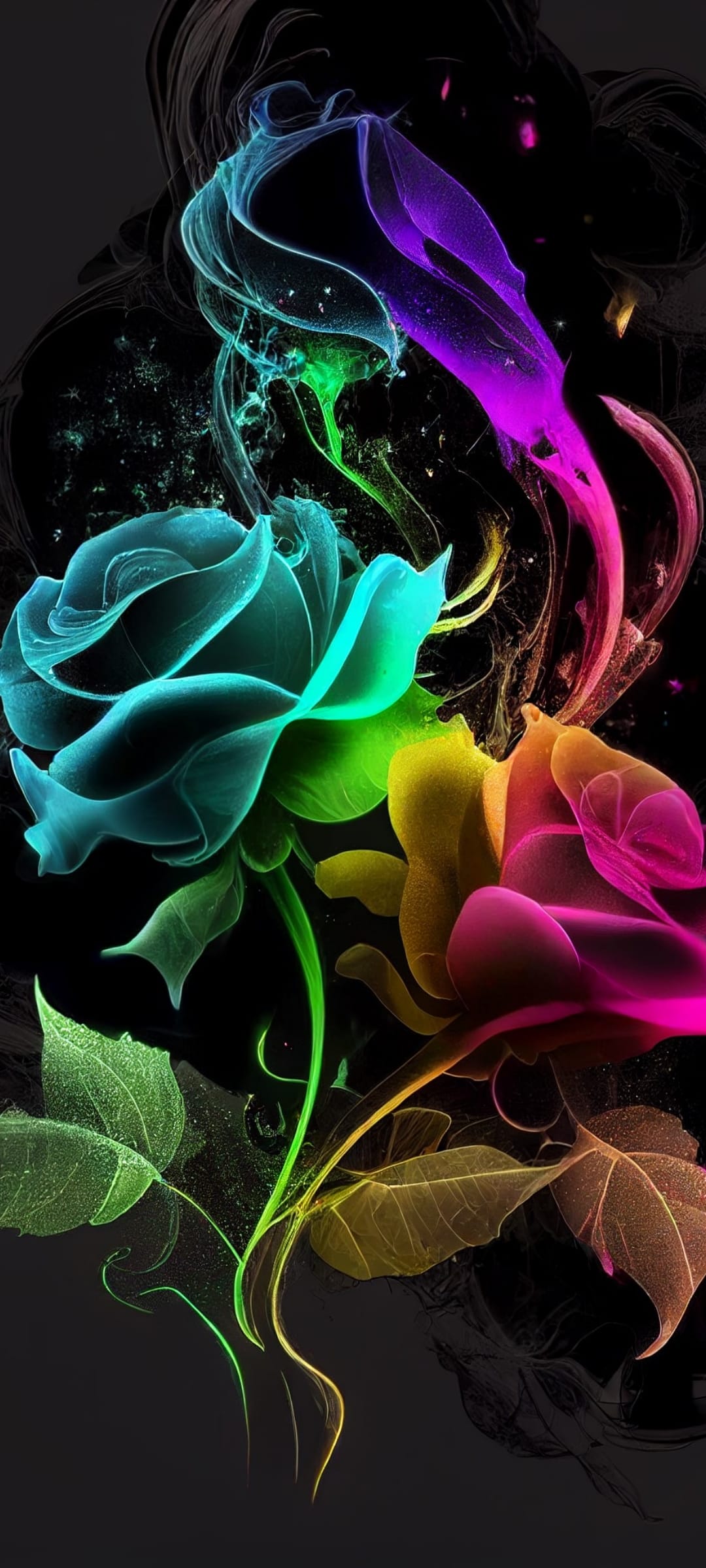 Two roses made of glowing neon smoke transition from blue to pink against a dark textured background.
