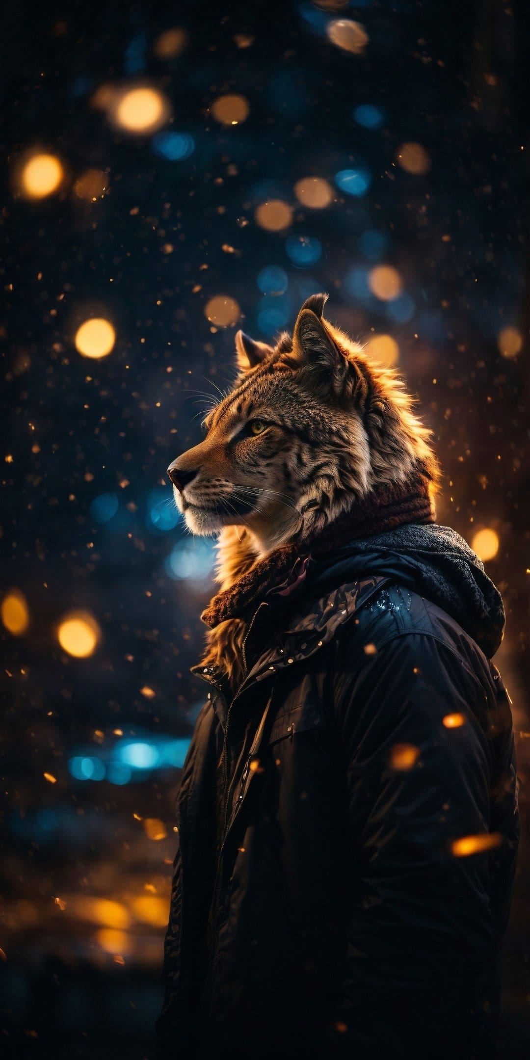 Human-like lynx wearing a winter jacket and scarf stands amid falling snow and glowing yellow bokeh circles.