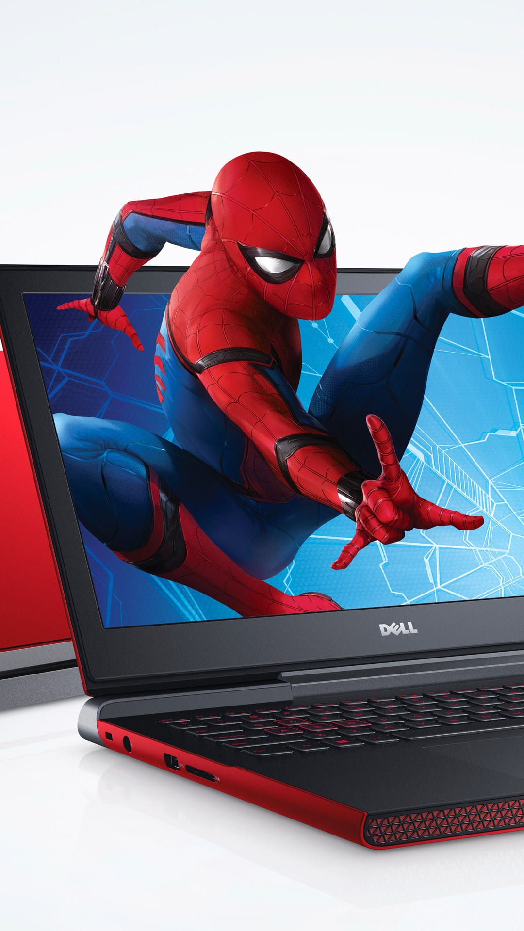 Spider-Man in a red and blue suit leaps out of a shattered laptop screen with glass shards flying in mid-air.