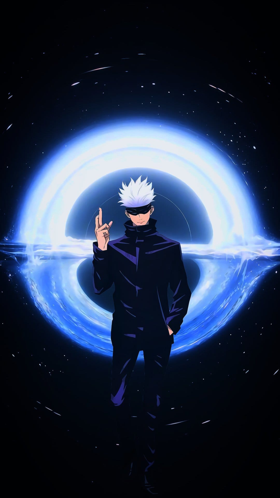 Satoru Gojo in a black jacket and blindfold stands before a luminous blue cosmic portal with swirling stars.