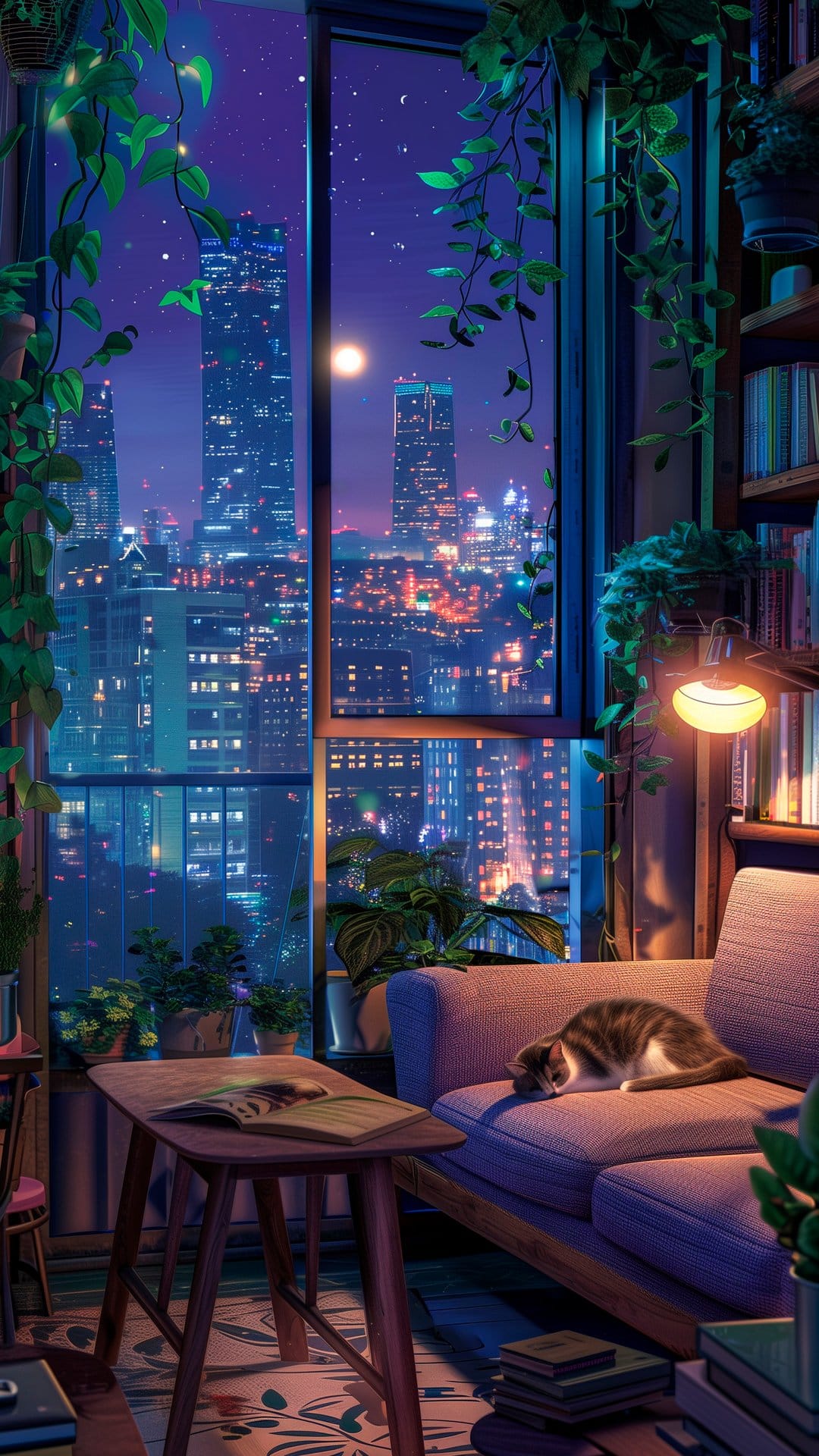 Tabby cat sleeping on a sofa by a window overlooking a glowing night city with stars and indoor plants.
