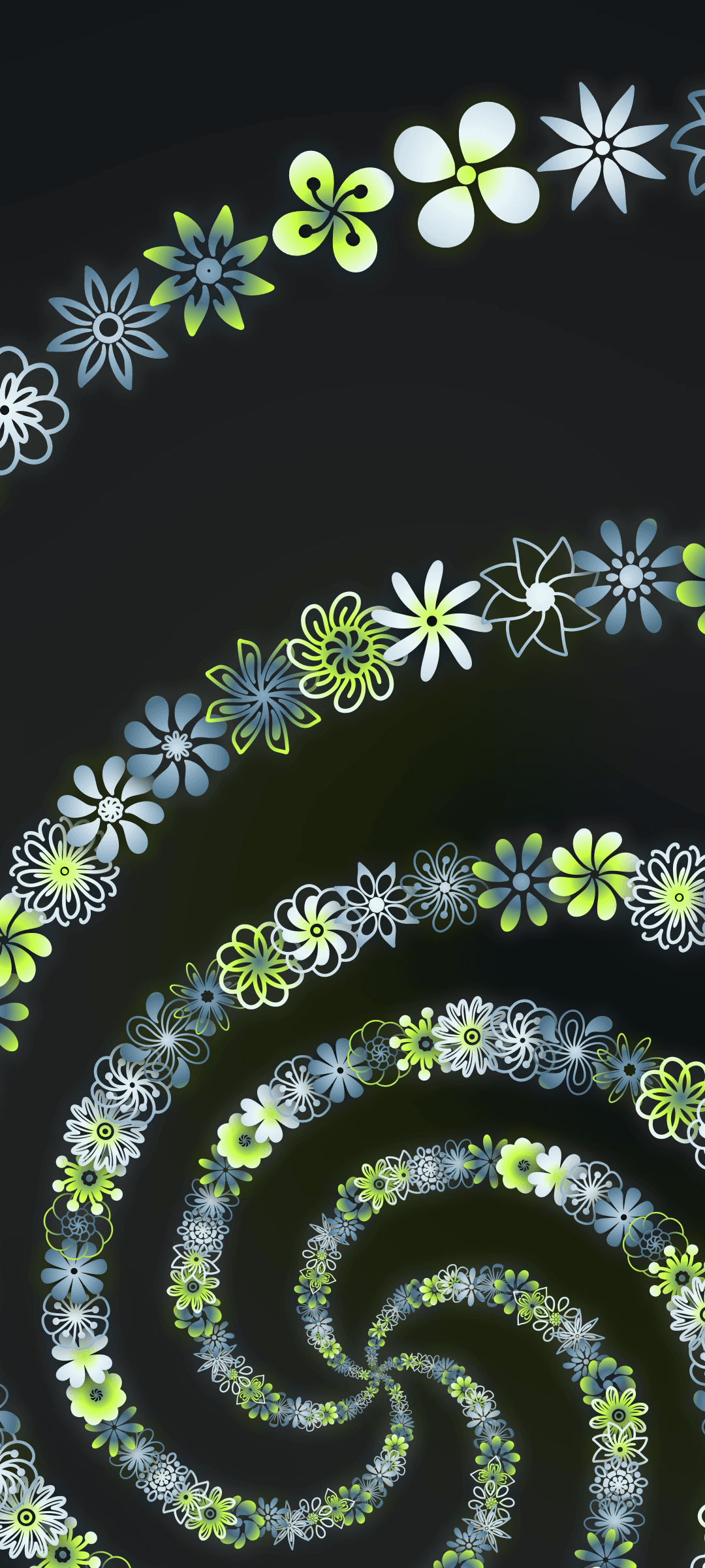 Lime green and icy blue neon flowers spiraling into a dark void, forming a symmetrical floral vortex pattern.