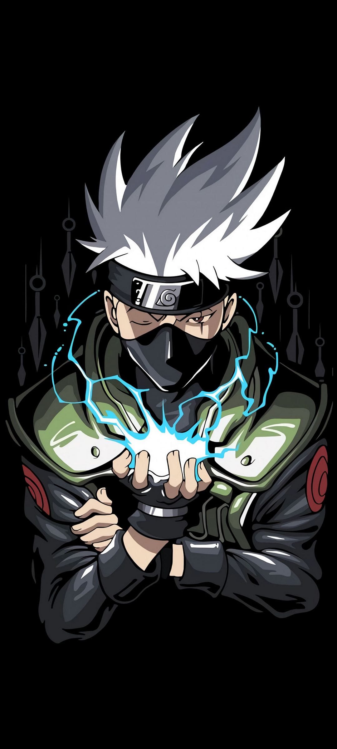 Kakashi Hatake clutches a glowing orb of blue lightning while wearing a silver mask and Konoha headband.