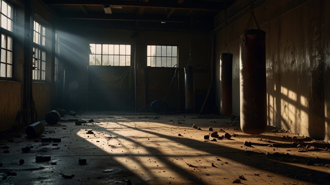 Punching bags hang in a derelict gym as dramatic sunbeams illuminate floating dust and scattered floor rubble.