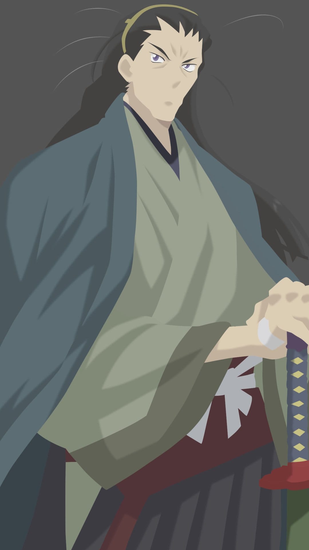 Kazuhiko with long dark hair tied back stands in a grey background wearing samurai robes with a sword.