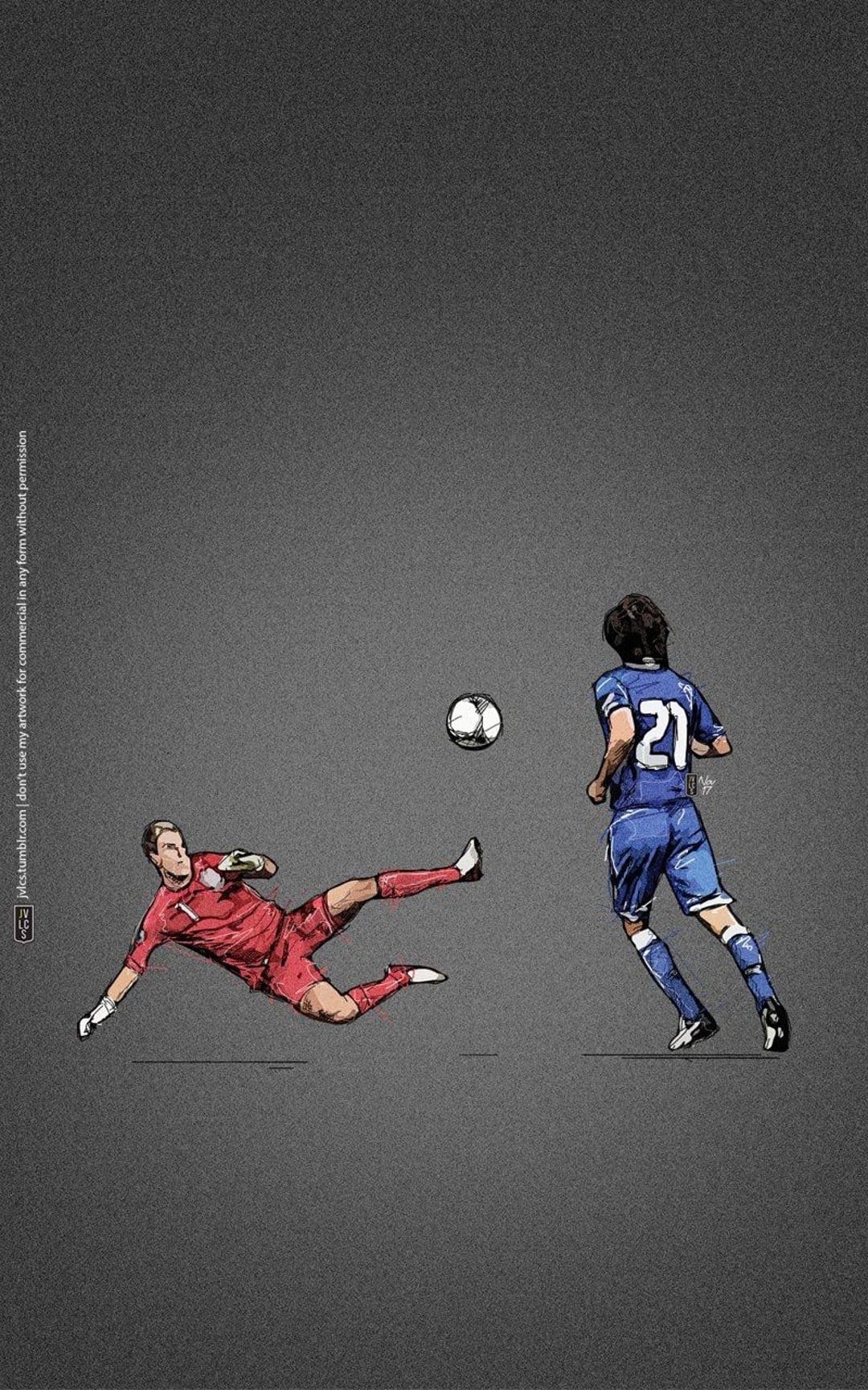 Goalkeeper in a red jersey dives to block a ball kicked by a soccer player on a neutral gray background.
