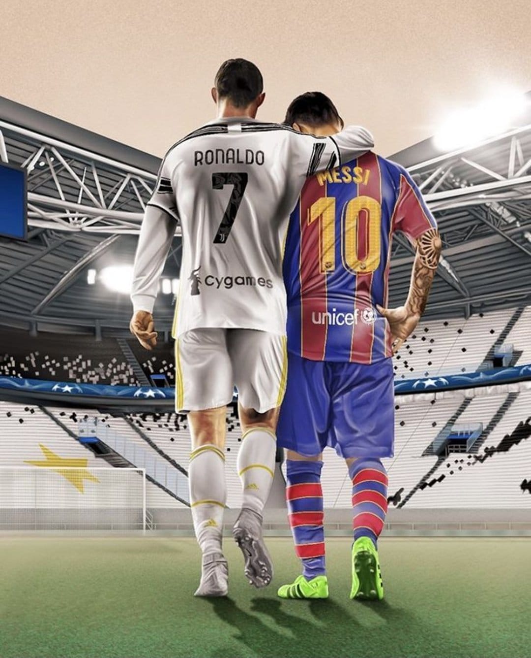 Cristiano Ronaldo and Lionel Messi stand side-by-side on a grass pitch under a warm sunset glow in a stadium.