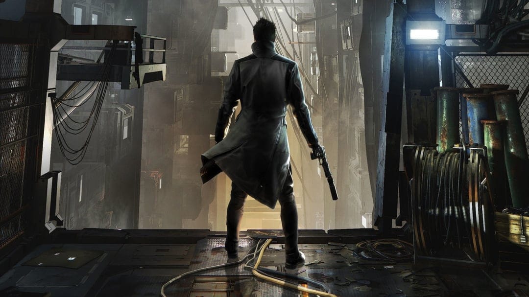 Cyberpunk character in a long coat holds a silenced pistol overlooking a deep industrial urban chasm.