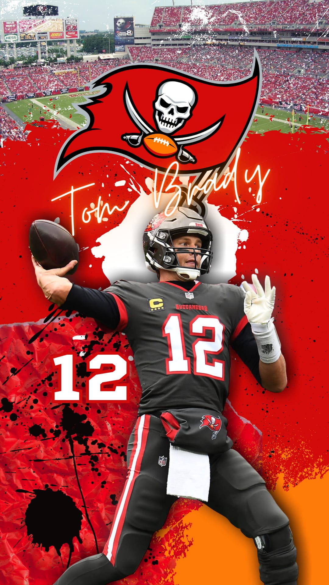 Tom Brady in a red Buccaneers jersey throws a football against a textured red, white, and black stadium backdrop.