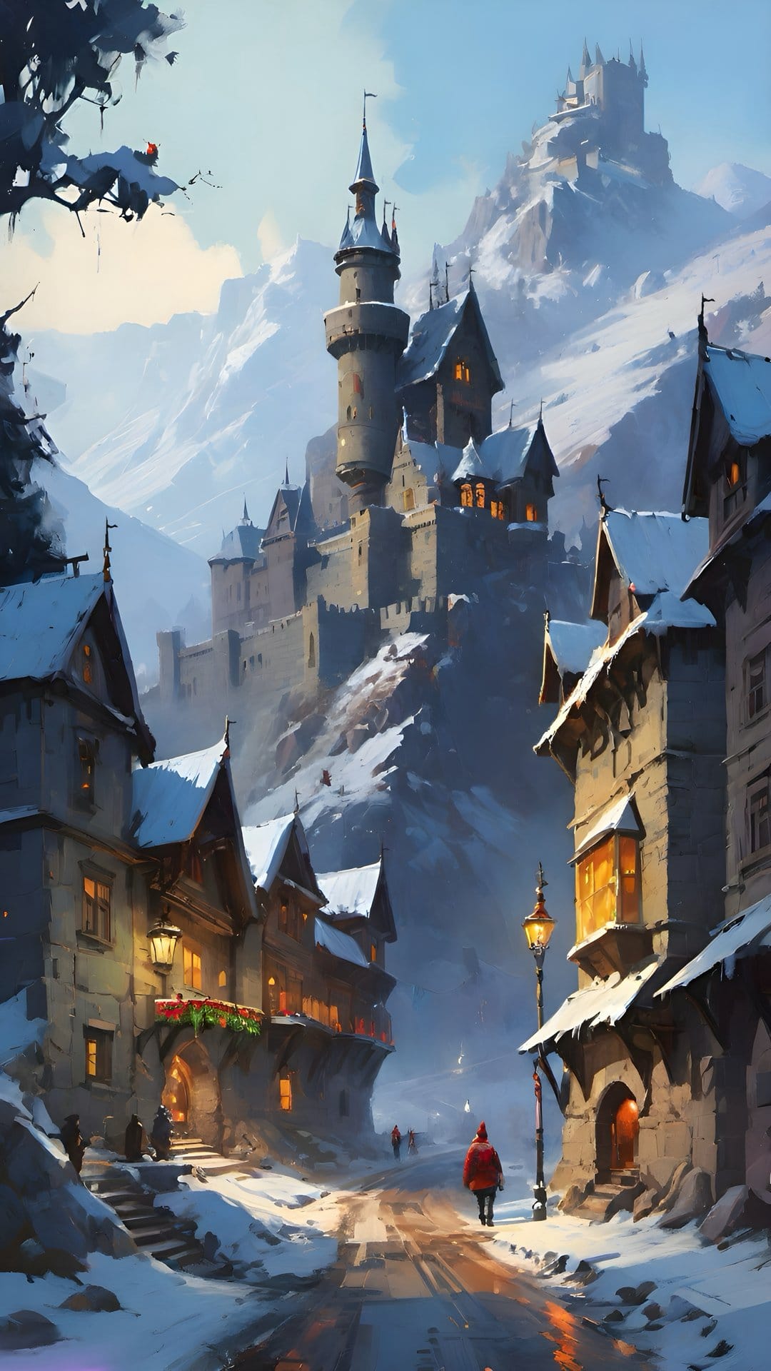 Grand mountain castle towers over a glowing snowy village as a figure in a red coat walks a frost-covered path.