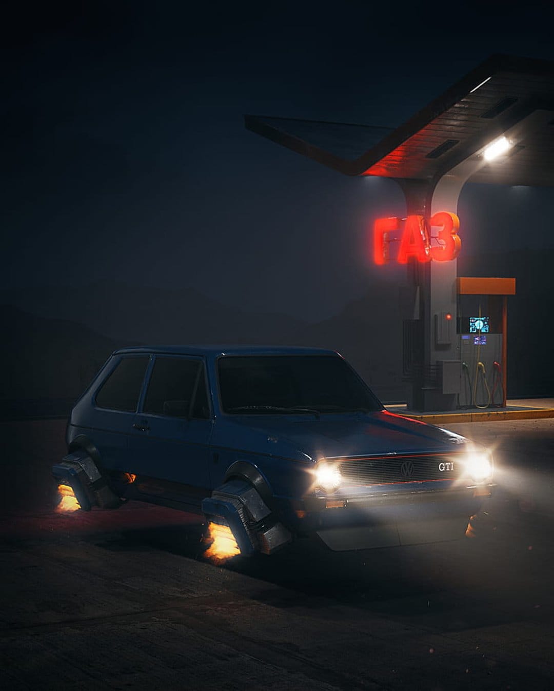 Blue vintage hatchback with glowing cyan wheels parked at a gas station under a red neon sign at night.