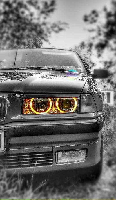 BMW E36, alb, angel, black, car, carros, eyes, negru, old, street, vintage, mobile wallpaper, android wallpaper, iPhone wallpaper, phone wallpaper