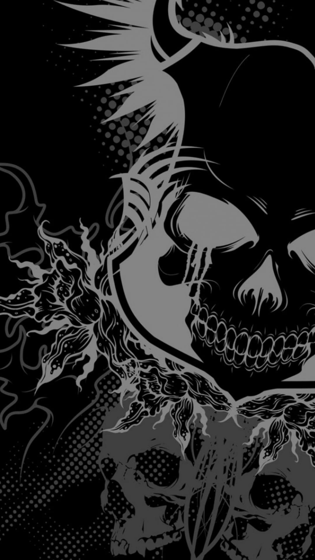 Human skull with sharp flame motifs and halftone texture patterns set against a dark, distressed background.