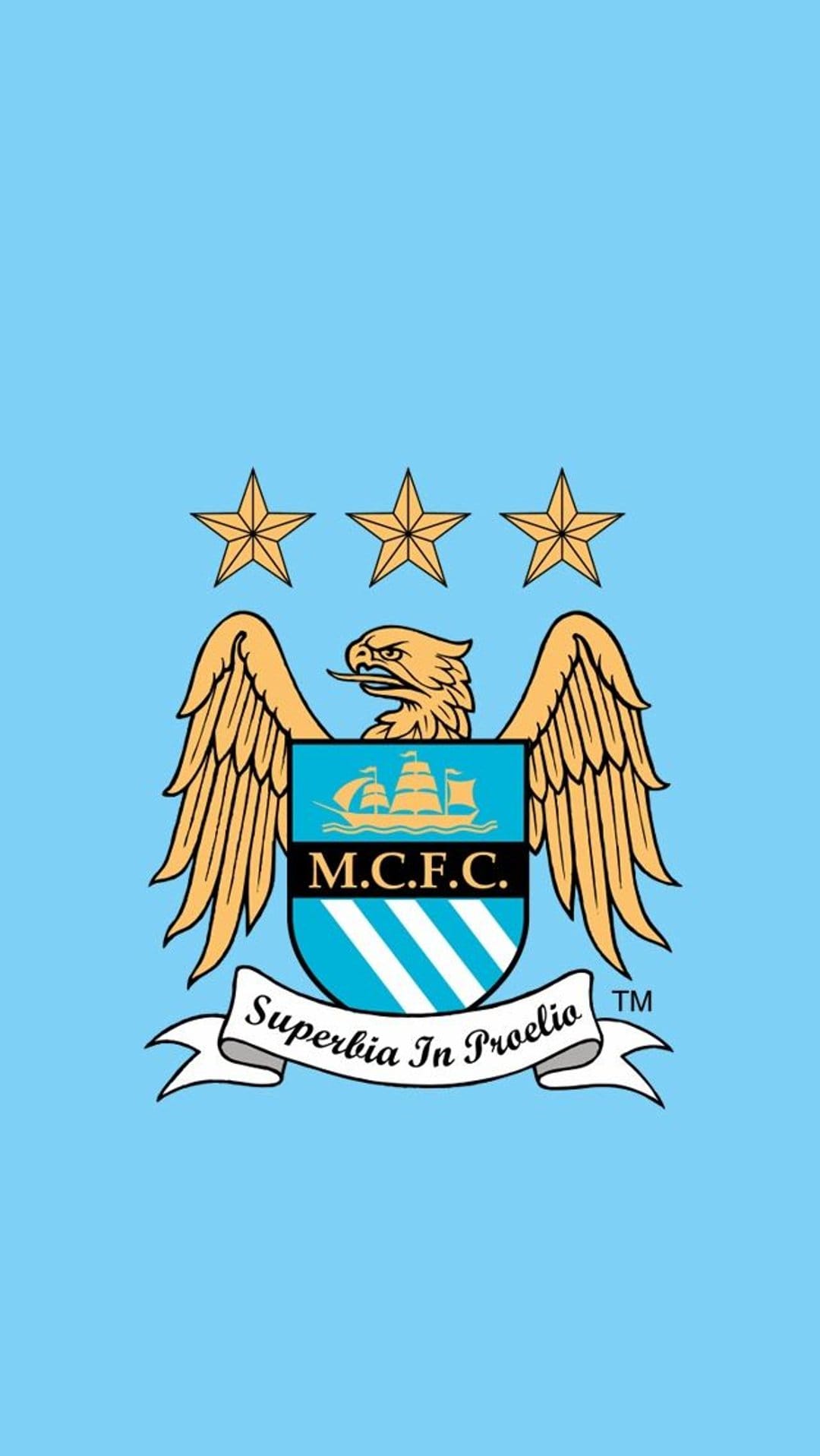 Manchester City crest featuring a golden eagle and three stars centered on a minimalist sky blue background.