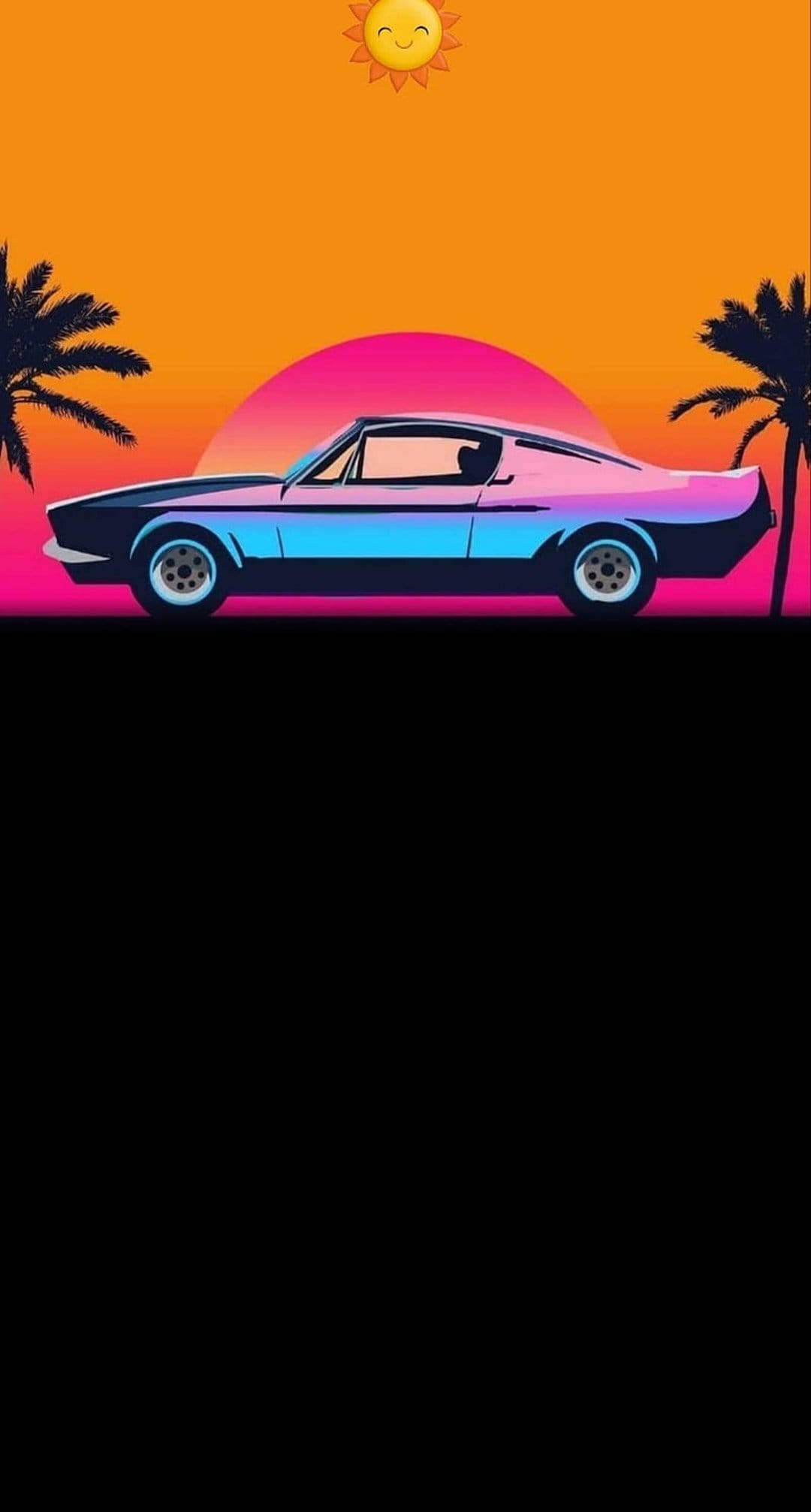 Classic car driving toward a large neon sun on a palm-lined road during a vibrant purple and orange sunset.