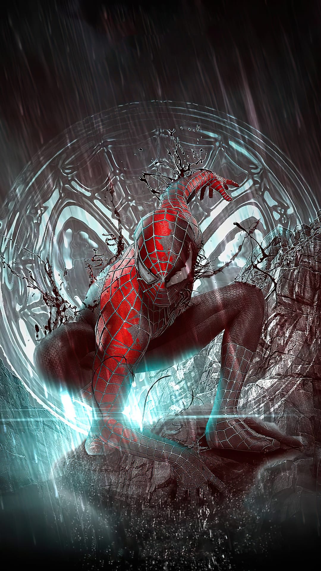 Spider-Man in a black suit crouches on rocks in heavy rain with a bright blue glow and metallic circles behind him.