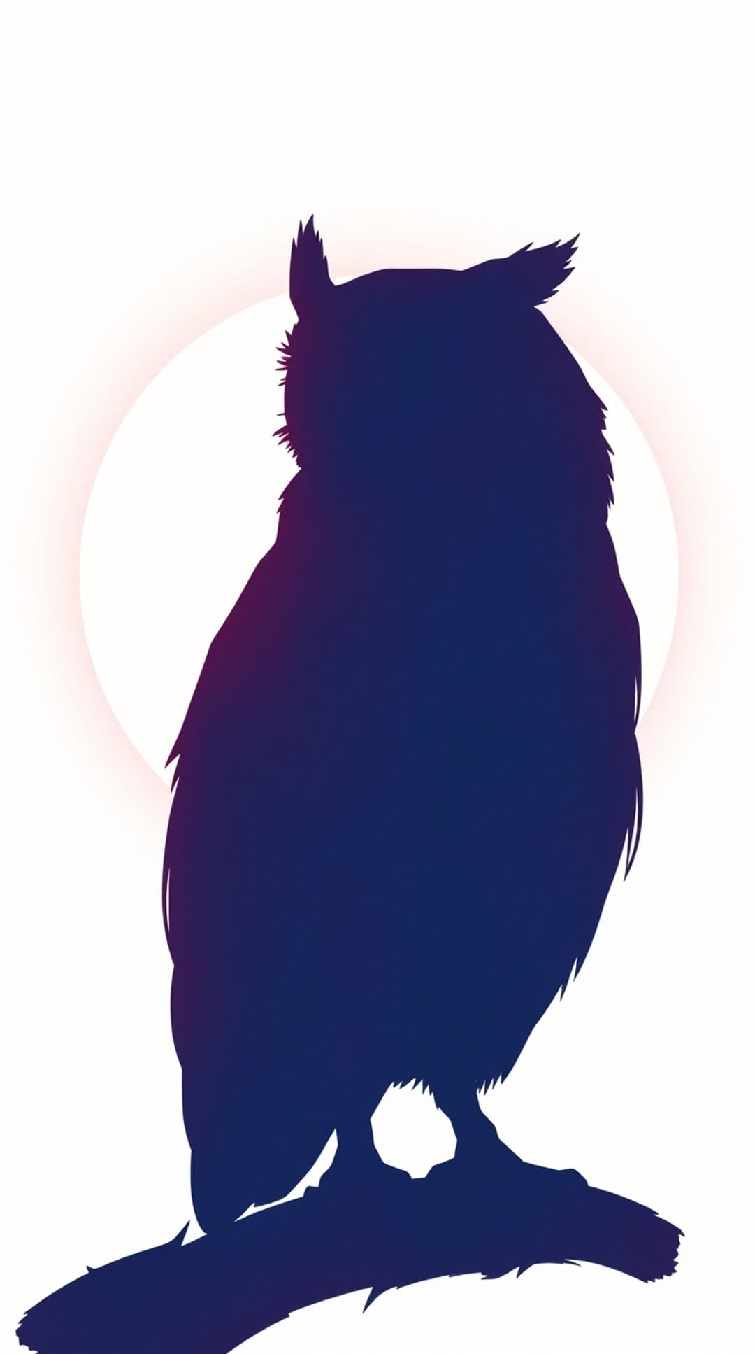Horned owl silhouette on a curved tree branch silhouetted against a bright, hazy full moon in the night sky.