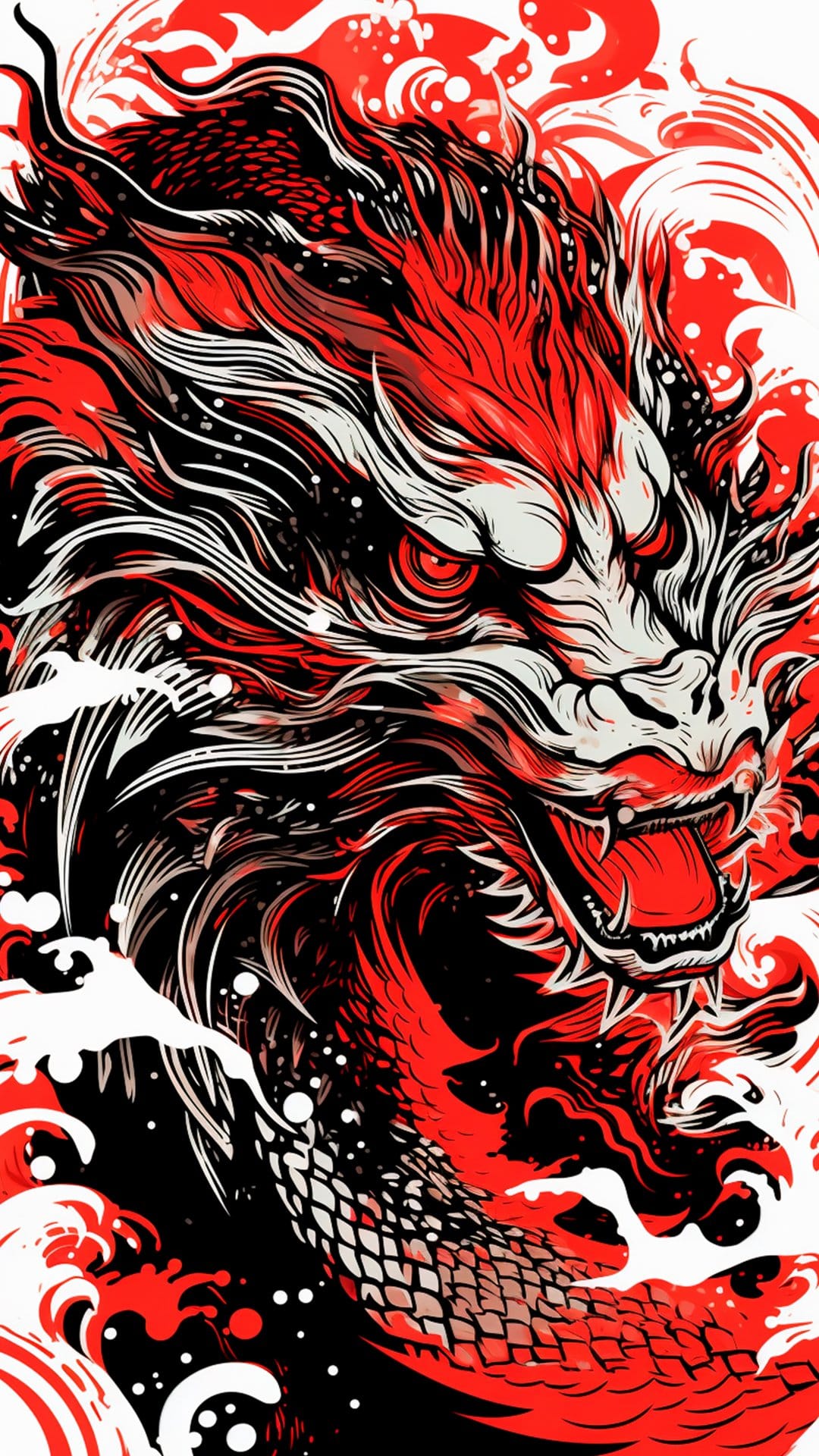 Fierce red dragon with glowing eyes and sharp fangs surges through stylized black and white crashing water waves.