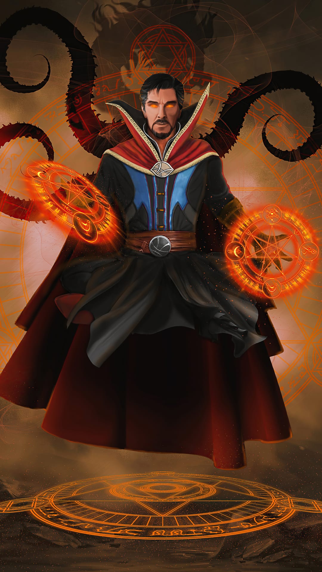 Doctor Strange wearing a red cloak and blue tunic while casting glowing orange magic circles in the dark.