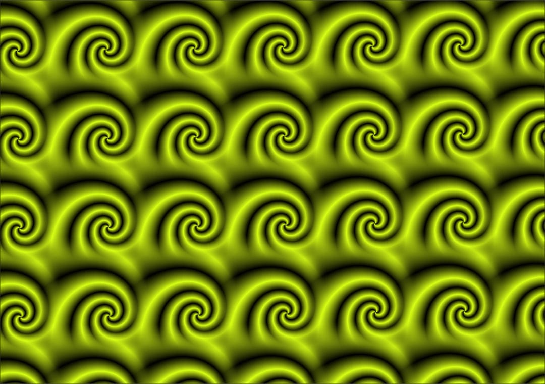 Luminous lime green 3D spirals repeat across a dark textured surface with intricate highlights and soft shadows.